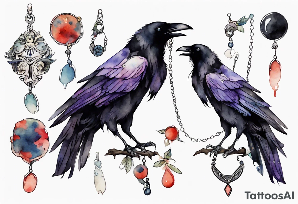 a raven wearing a necklace tattoo idea