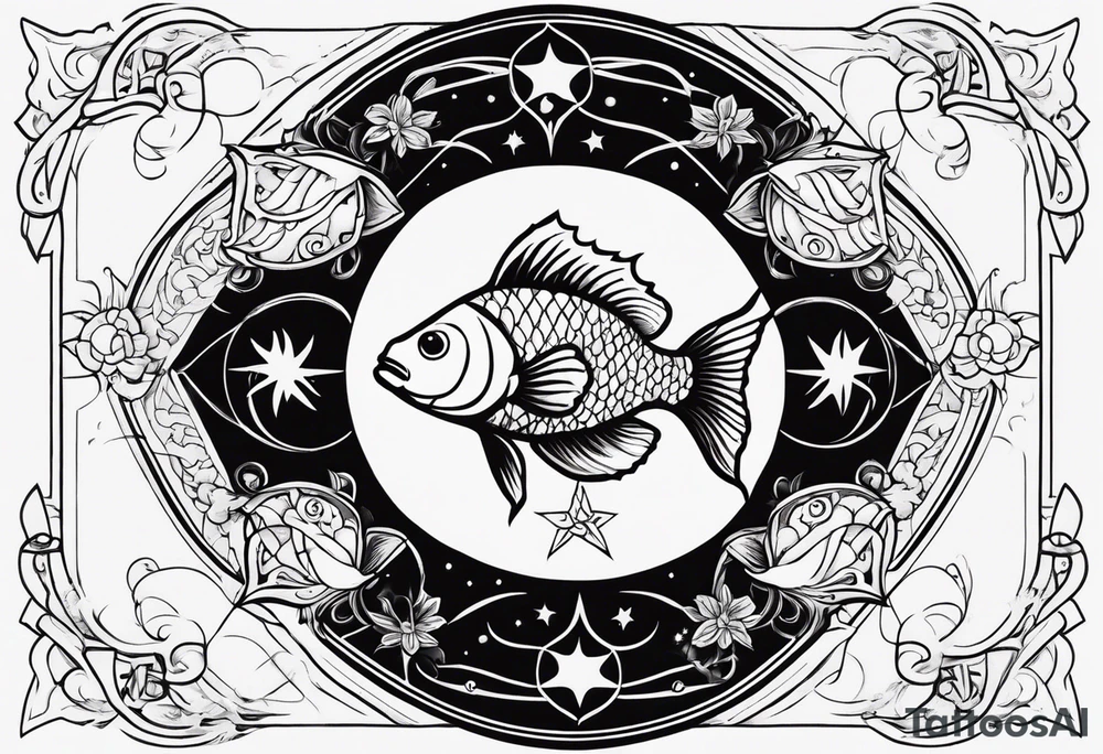 A 1/2 sleeve with 2 pisces fish incorporate sigils and cosmos in background tattoo idea