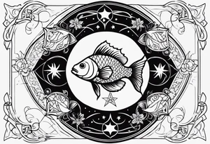 A 1/2 sleeve with 2 pisces fish incorporate sigils and cosmos in background tattoo idea