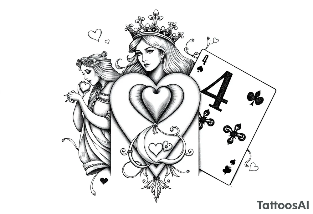 Queen of hearts, 2 of hearts and a 4 of hearts plating card tattoo idea