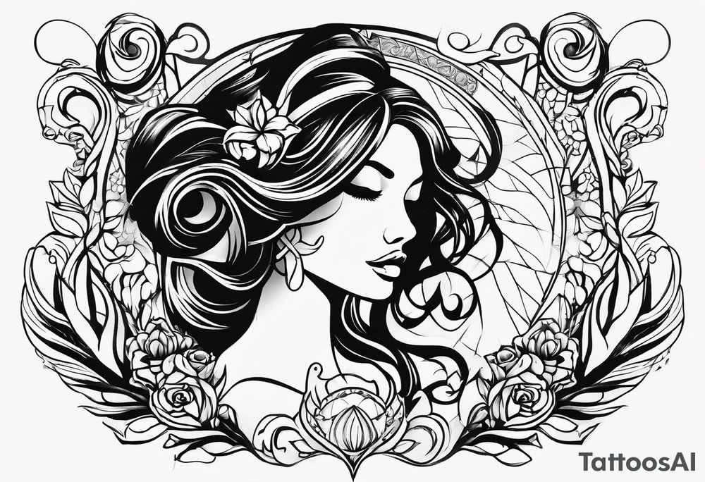 FℲ lettering with women’s body outline tattoo idea