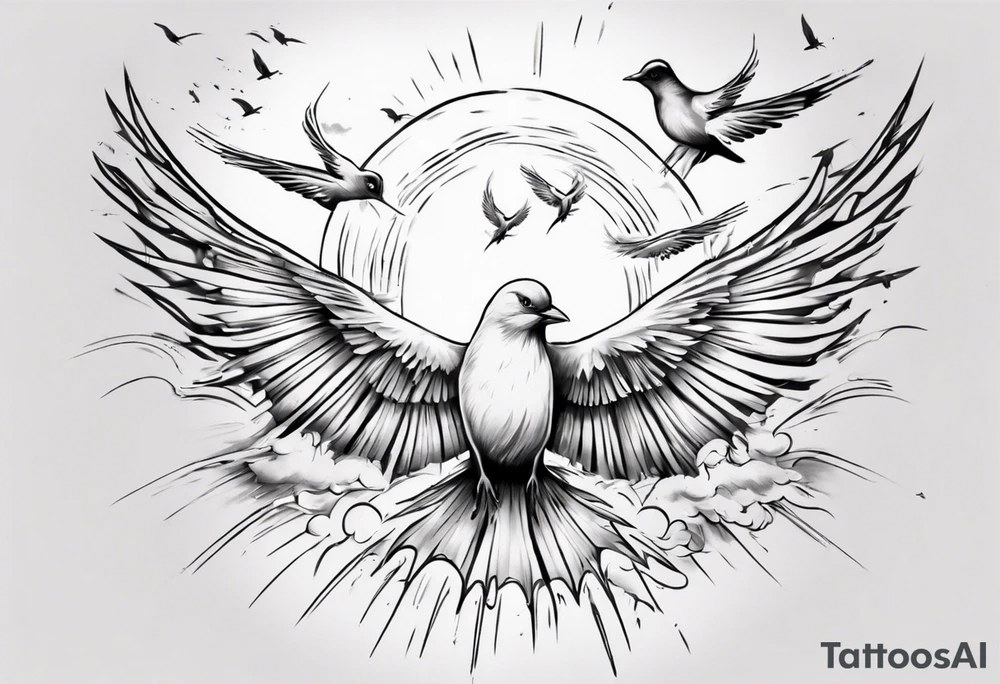 a shoulder tattoo with rays of light, clouds and birds flying free tattoo idea