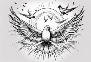 a shoulder tattoo with rays of light, clouds and birds flying free tattoo idea
