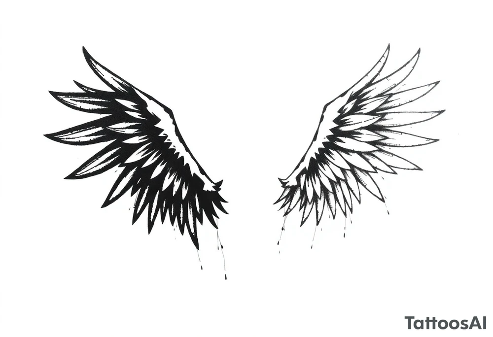 This tattoo design features a pair of asymmetrical angel wings drawn in black ink with a rough, sketch-like style. The left wing is darker, more defined, and appears denser, while the right wing is lighter, more delicate, and fragmented, creating a contrast between the two. The feathers are sharp and irregular, with fine lines and stray strokes extending outward, adding a raw and artistic feel. The overall look is dynamic and slightly chaotic, giving the impression of movement or an unfinished, ethereal form. This design symbolizes duality, freedom, transformation, or even struggle, making it a meaningful and visually striking tattoo. tattoo idea
