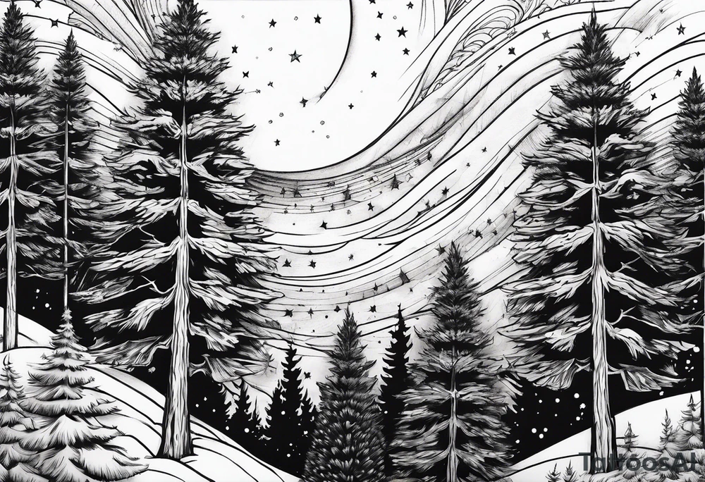 pine trees with stars in the sky tattoo idea