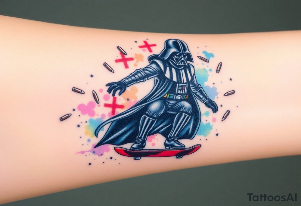Darth Vader skateboarding > bullets > memorial > colors > god > futuristic 
add name "Darth Carter" on skateboard
add date in loving memory 12/29/88-01/06/24 tattoo idea