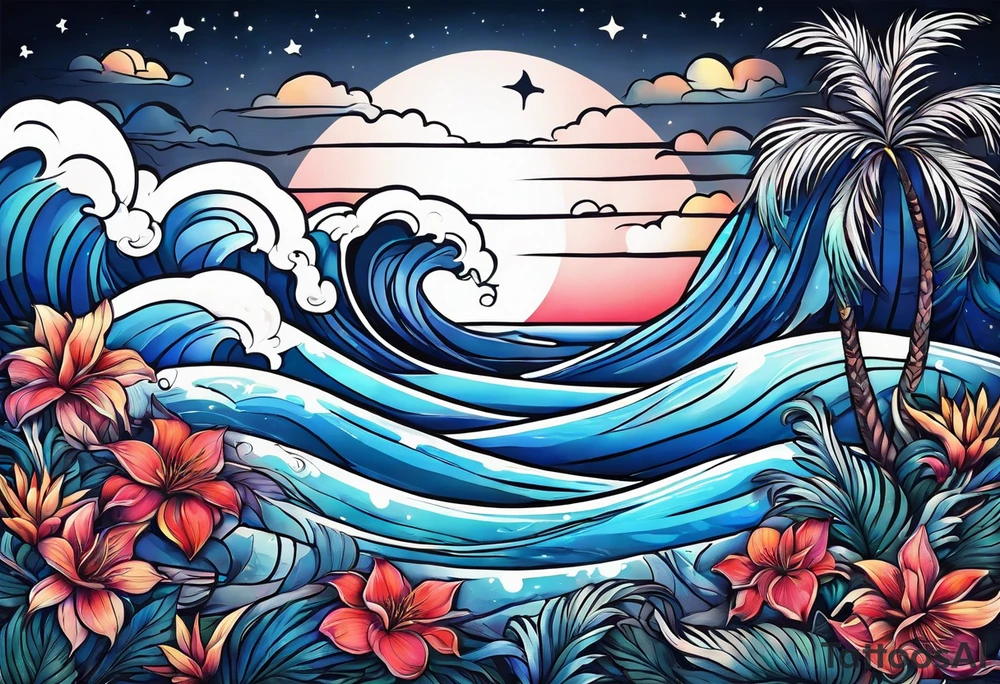 sea,, night, flower, palm, tattoo idea