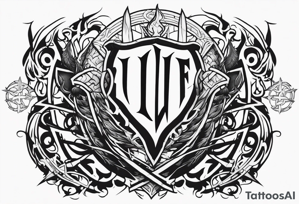 Valhalla on fire 
sword shield barbed  wire tattoo idea