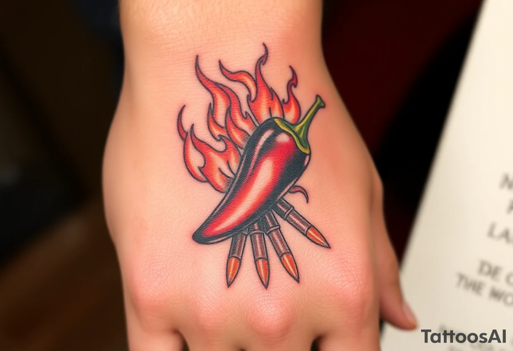 Chili pepper with flames and raining bullets tattoo idea