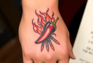 Chili pepper with flames and raining bullets tattoo idea