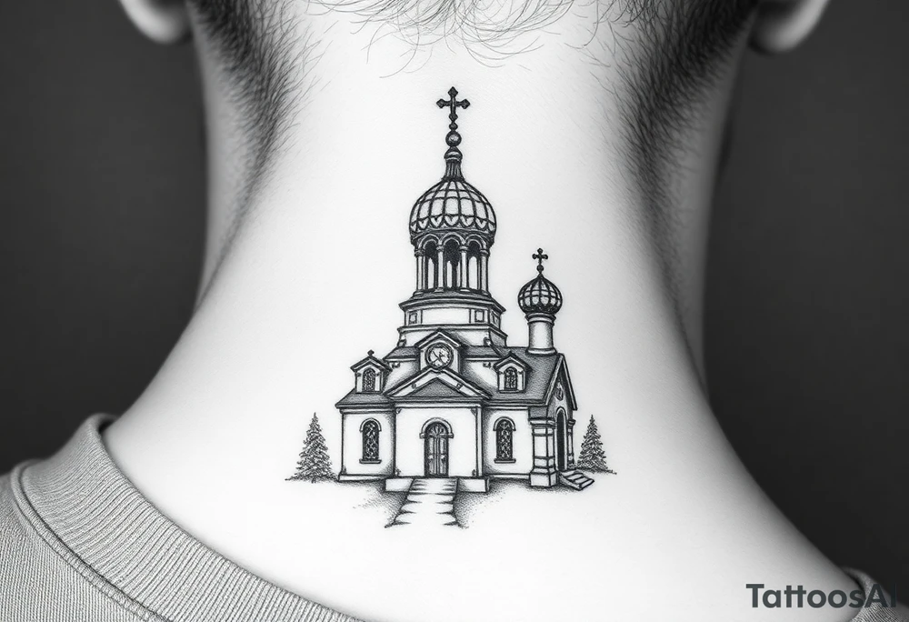 medium sized russian orthodox dome church with a visible virgin mary in a russian lakes country setting tattoo idea