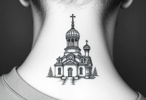 medium sized russian orthodox dome church with a visible virgin mary in a russian lakes country setting tattoo idea