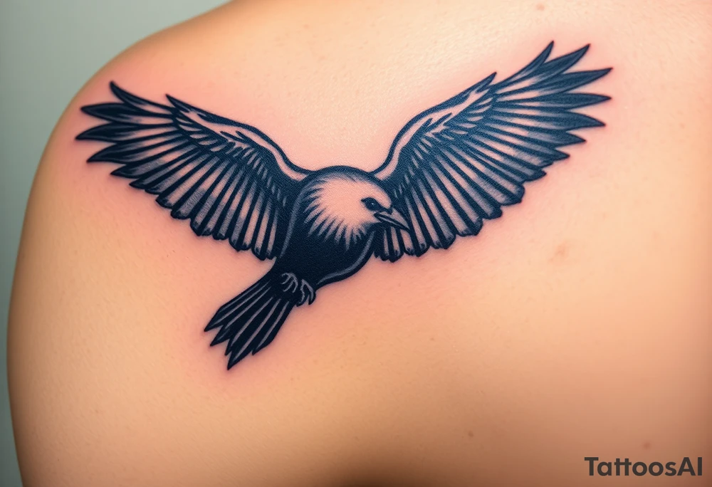 A detailed raven in mid-flight, wings spread wide with intricate feather patterns, symbolizing Tris’s journey, representing sci fi movie Divergent and name TRIS tattoo idea