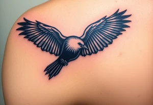 A detailed raven in mid-flight, wings spread wide with intricate feather patterns, symbolizing Tris’s journey, representing sci fi movie Divergent and name TRIS tattoo idea