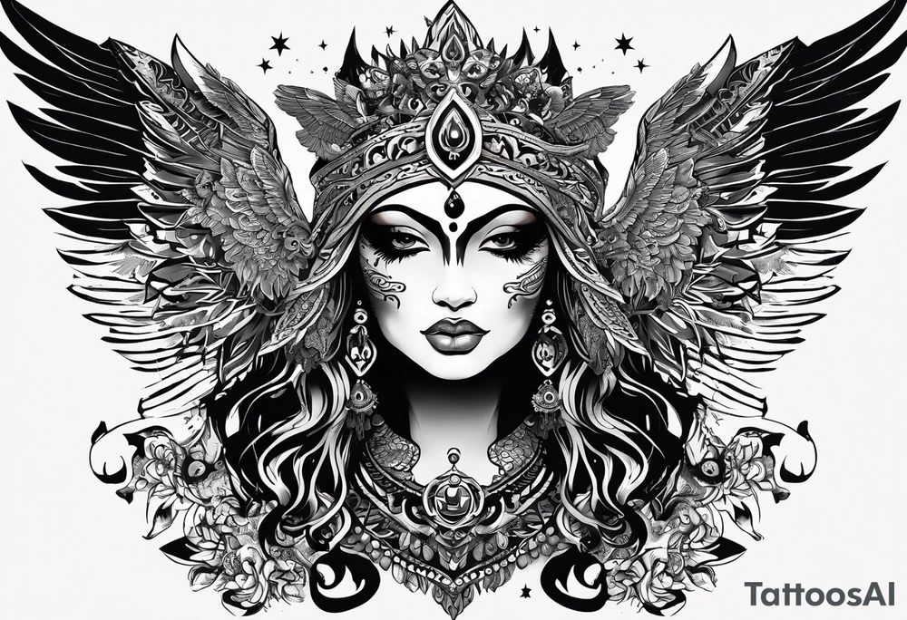 black kali, goddess pirate, alien, angel, pachamama, valkrye, warrior, flying, skull, lotus azul, wing, eagle, zenza resonance, stars, 5D, anahata chakra, death tattoo idea