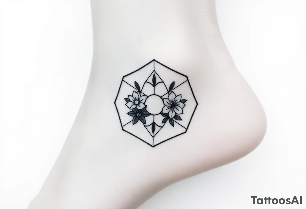 Hexagon with astrological sign for Leo, larkspur and water lilies in the center tattoo idea