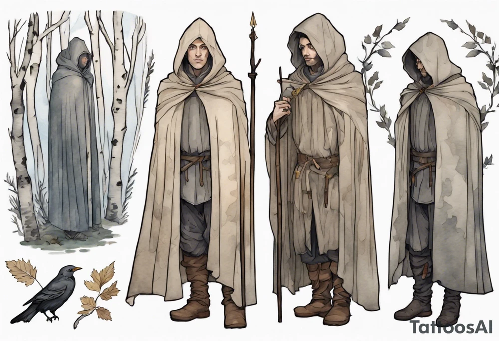 a solitary medieval Tan France wearing a grey cloak standing in a birch forest tattoo idea