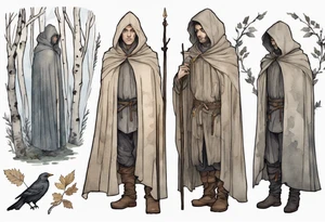 a solitary medieval Tan France wearing a grey cloak standing in a birch forest tattoo idea