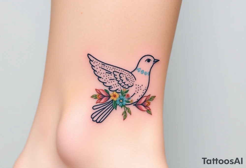 A collared dove with a bouquet of wildflowers in its talons, in soft pastel tones like lavender, peach, and pale blue, representing love and freedom in nature tattoo idea