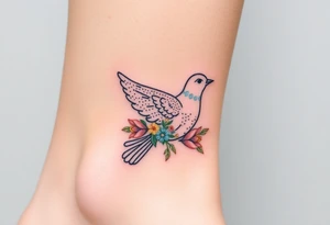 A collared dove with a bouquet of wildflowers in its talons, in soft pastel tones like lavender, peach, and pale blue, representing love and freedom in nature tattoo idea