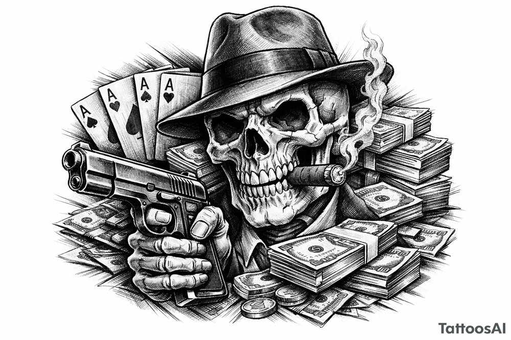skull with gangster-hat,cigar in his mouth,a gun in a hand,playing cards,a lot of money. tattoo idea