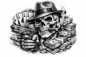 skull with gangster-hat,cigar in his mouth,a gun in a hand,playing cards,a lot of money. tattoo idea