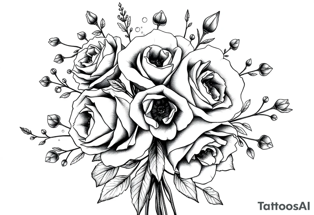vintage bouquet of wild roses and meadow flowers with morning dew tattoo idea