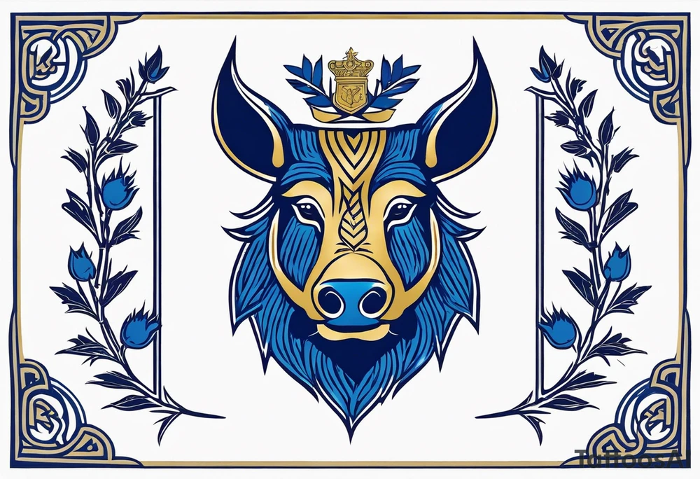 A classic tribal Celtic boar Integrated with a Chatwin, family crest and a Thistle. Simple with few lines. Blue and gold Chevron Chatwin family crest With the name, Chatwin and a Thistle tattoo idea