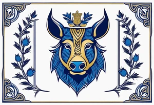 A classic tribal Celtic boar Integrated with a Chatwin, family crest and a Thistle. Simple with few lines. Blue and gold Chevron Chatwin family crest With the name, Chatwin and a Thistle tattoo idea