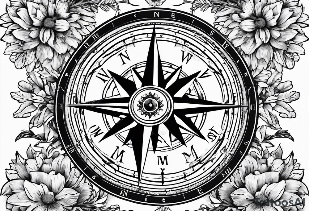 Vintage compass with marigold flower. tattoo idea
