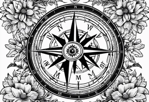 Vintage compass with marigold flower. tattoo idea