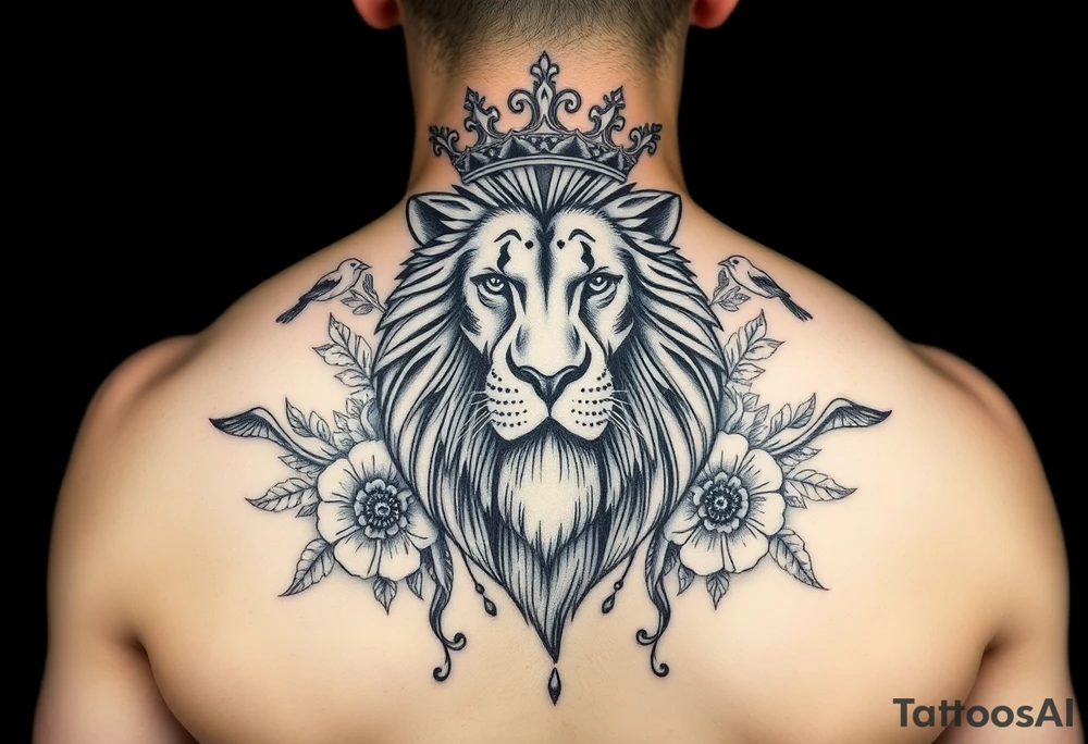 powerful majestic lion with a crown, surrounded by floral ornaments and birds tattoo idea