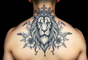 powerful majestic lion with a crown, surrounded by floral ornaments and birds tattoo idea