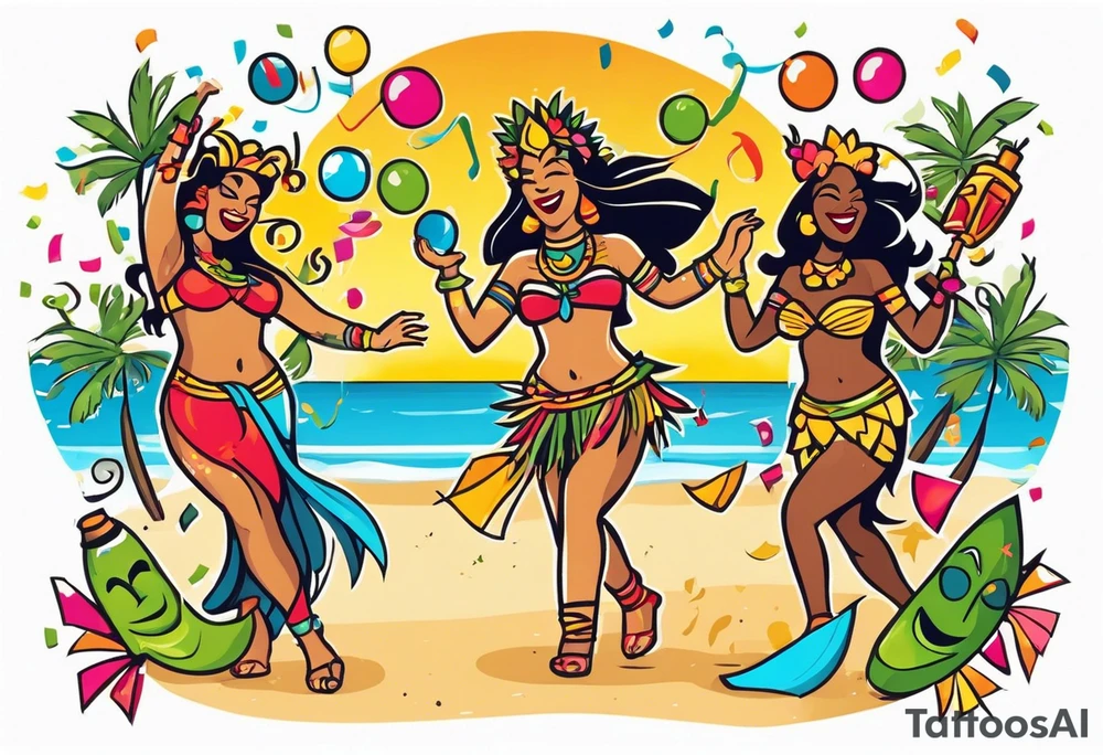 beach party scene with tiki gods and hulu girls dancing include music notes and confetti. leave a blank area in the middle of the image tattoo idea