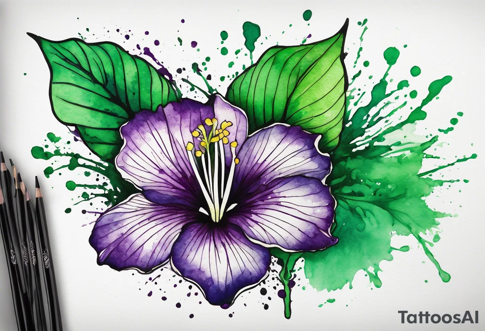An outline of a green rio dipladenia flower and a green and purple watercolor splash in the background tattoo idea