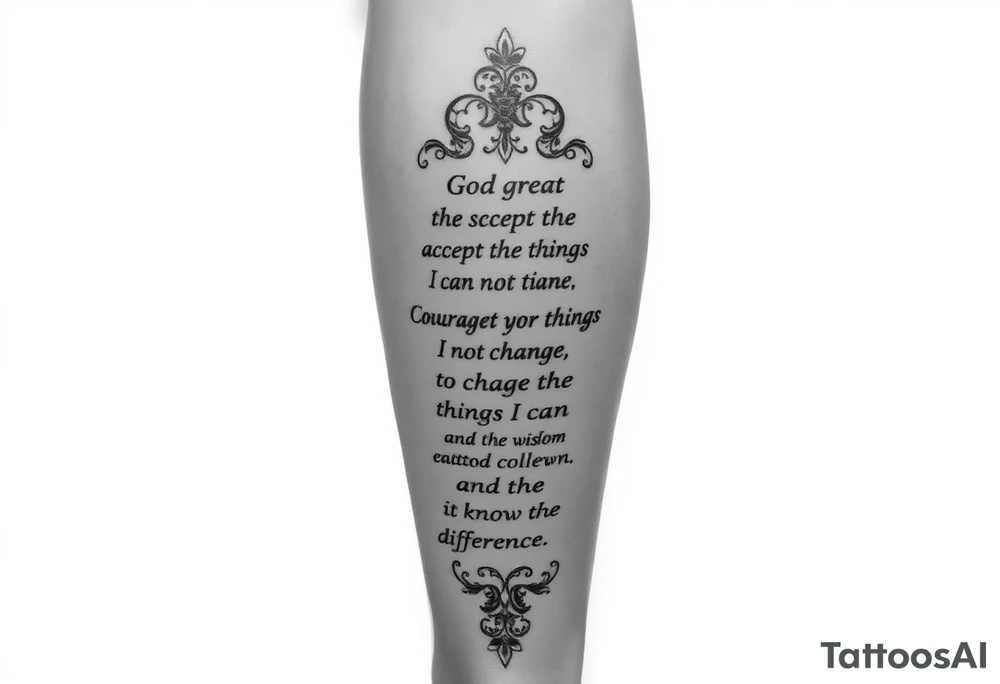 Generate a leg tattoo going vertically down a women’s leg all the way down saying “god grant me the serenity to  accept the things I can not change courage to change the things I can and the wisdom to know the difference” put god , serenity , courage, and wisdom in red tattoo idea