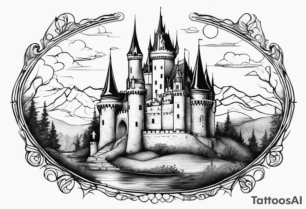 Fairytale castle in landscape, more black, less detailing, engraiving, etching tattoo idea