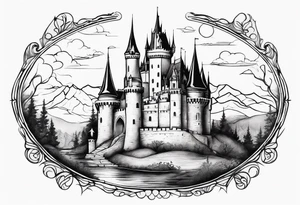 Fairytale castle in landscape, more black, less detailing, engraiving, etching tattoo idea