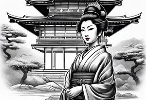 Geisha,samurai,buddah,pagoda,torri gate tattoo idea