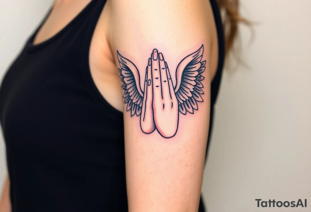 Prayer hand with names mixing in angel wings tattoo idea