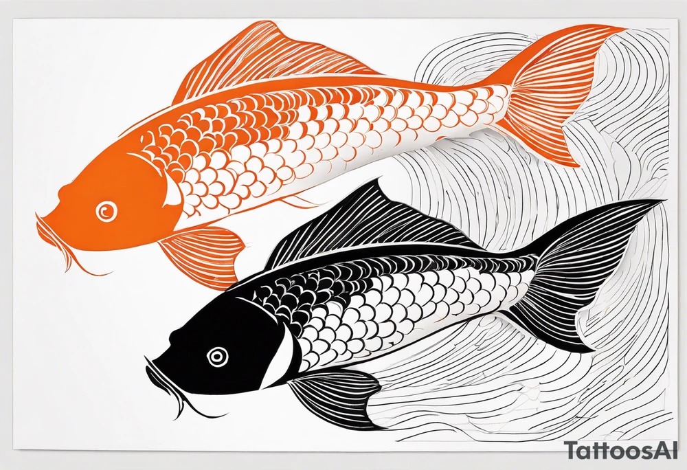 A black-and-white silhouette of a koi fish in a calligraphy style, viewed from above. The fish is intricately outlined with sharp, fluid lines, emphasizing its graceful, curved body. The koi fish is depicted with bold black and white contrasts, with simple, abstract shapes indicating where orange would normally be, but left as stark black and white outlines. The splash of water and ink blobs surrounding the fish are represented by bold, sweeping black shapes, with intricate details, giving the illusion of movement. The dark surface beneath the fish is solid black, providing a stark contrast to the white fish and water splashes. The overall composition is clean, with strong contrasts and no gradients, capturing the elegant fluidity of the koi in a minimalist, high-contrast silhouette. tattoo idea