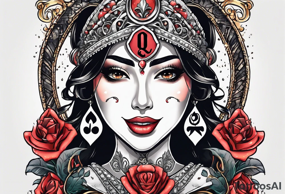 Latina Queen ahegao, drooling, happy, Spade Symbol with letter Q in the center of the spade framed, surrounded by whitespace tattoo idea