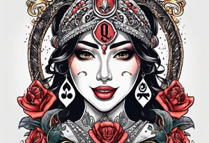 Latina Queen ahegao, drooling, happy, Spade Symbol with letter Q in the center of the spade framed, surrounded by whitespace tattoo idea