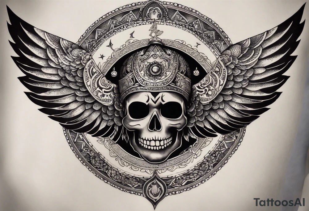 black kali, goddess pirate, alien, angel, pachamama, valkrye, warrior, flying, skull, lotus azul, wing, eagle, zenza resonance, stars, 5D, anahata chakra, death, durga, riding on a tiger, flying lady, kundalini, chest tatoo tattoo idea