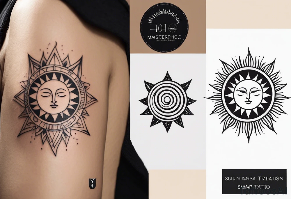 a mixture of minimalist/fine line/tribal tattoo design that is mainly minimalist with fine lines. unique Design of the sun that resembles a connection to the sun. It further resembles the sun's energy. Make it simple to draw and focus on the rays of sunshine
unique shape tattoo idea