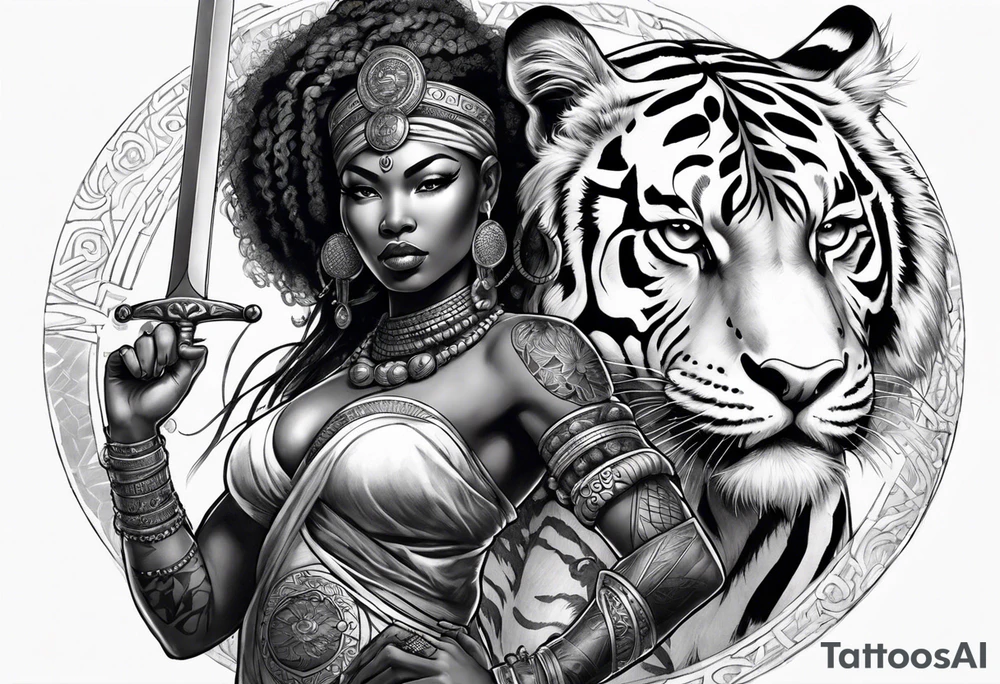 African goddess with sword in hand and tiger Japanese traditional style full sleeve tattoo tattoo idea