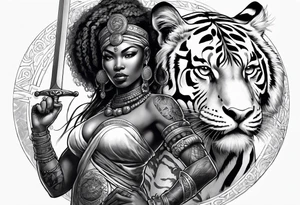 African goddess with sword in hand and tiger Japanese traditional style full sleeve tattoo tattoo idea
