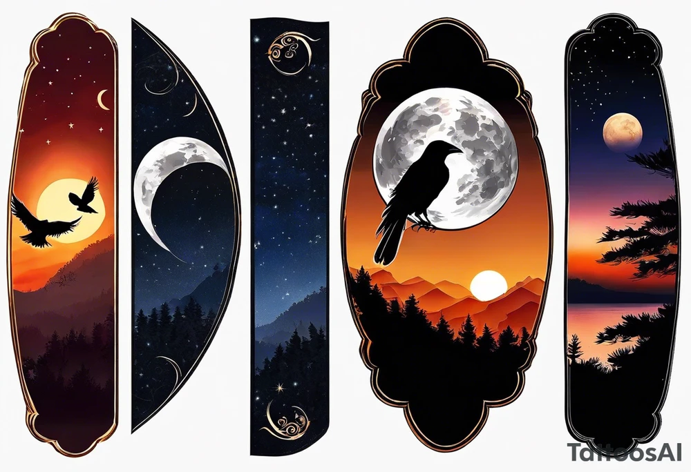 Ying-yang tattoo on your forearm, where one side captures the beauty of the night sky with a full moon, and the other side showcases the warm hues of a sunset. The moon side features a stunning depiction of a crow in flight, adding a touch of magic and wonder to the design. On the sunset side, the silhouettes of a man, woman, and two teenage boys walking create a sense of togetherness and family. Around the circle the words "When Life is hard, you have to change" are written in child's writing tattoo idea