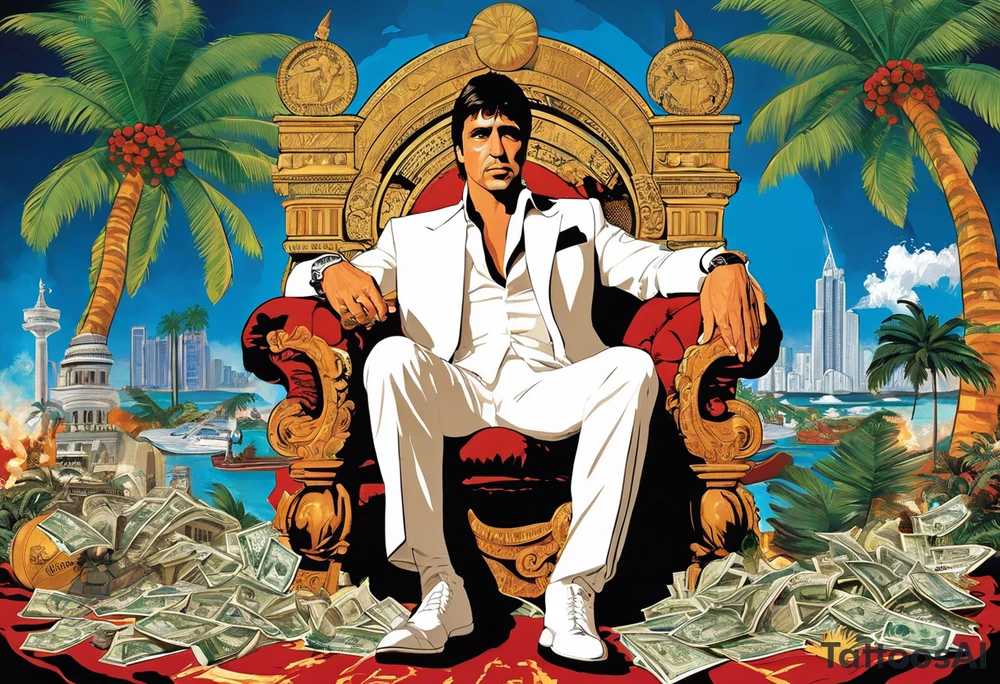 Tony Montana sitting on his throne with his infamous "The World is Yours" globe in hand, surrounded by elements that represent key scenes or motifs from the movie? For example, you could include symbols like piles of cocaine, palm trees, guns, and perhaps even the iconic "Say hello to my little friend" scene in the background. This would create a dynamic and visually captivating tattoo that pays homage to Scarface in a unique and personalized way. tattoo idea