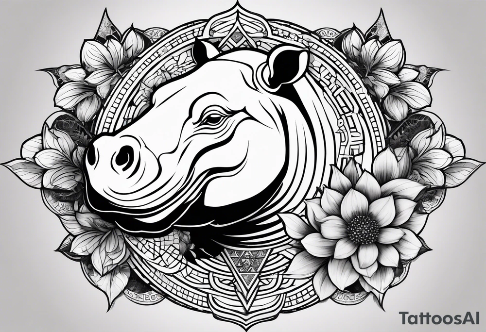 Very asymmetrical, +geometric pattern, with realistic full moon, with seeious looking hippo, +zen feel, + Buddhism touch, +tribal, +geometric
with wintersweet flower bud, +portrait orientation, +inkart touch, tattoo idea